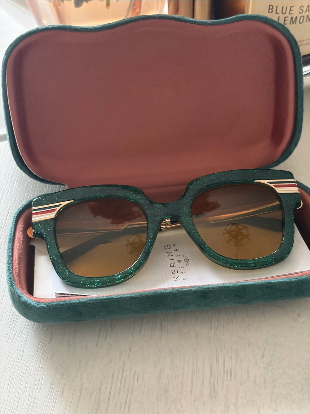 Green Glitter Square Sunglasses with Brown Lenses